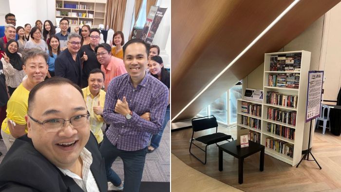 Two images: on the left, members of the Kiwanis Club of Visionaries; on the right, a reading corner in a public area. Under a slanted wall, a black chair and table beside one 3-shelf white bookcase and one 6-shelf white bookcase, each filled with books. A Kiwanis sign sits on top of the sort bookcase and a sign with more information is on a stand next to the tall bookcase.