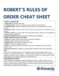 Club support – Roberts Rule of Order cheat sheet | Kiwanis International